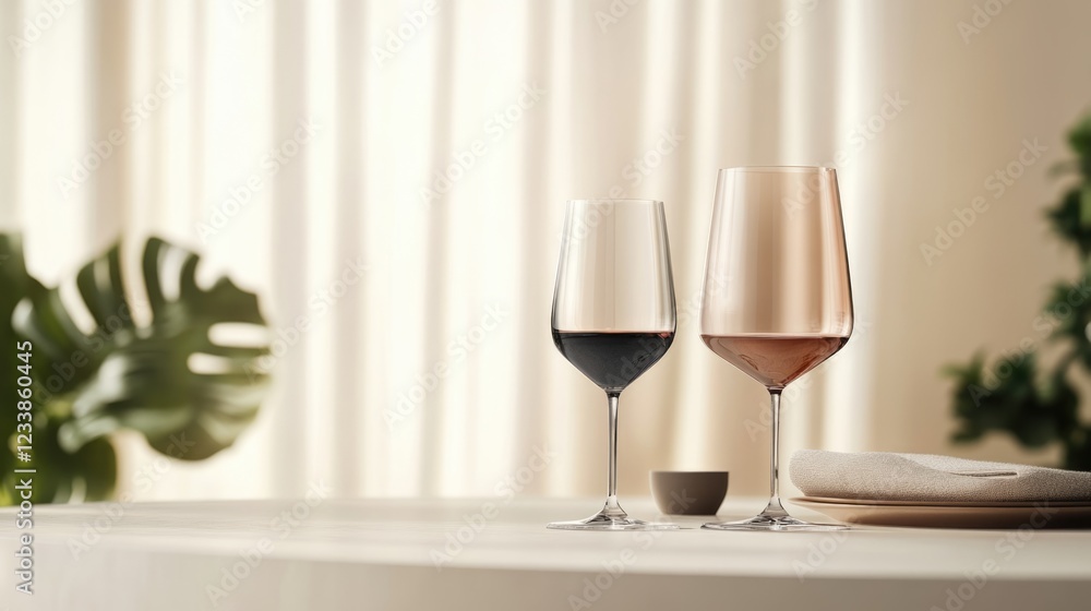 Poster elegant wine glasses on a table with empty space for text and lush greenery in a softly lit setting