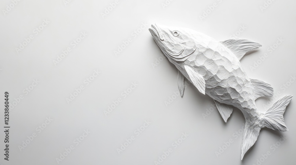 Poster trevally fish sculpture on minimalist white background with space for text and design elements