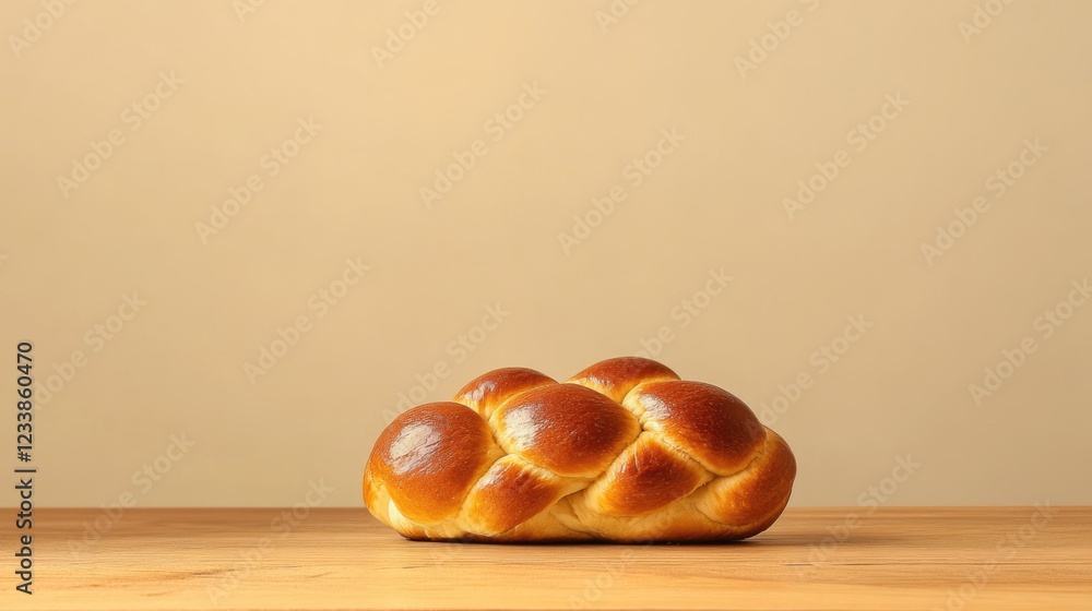 Poster traditional challah bread loaf on a wooden table with minimalist background for text placement and c