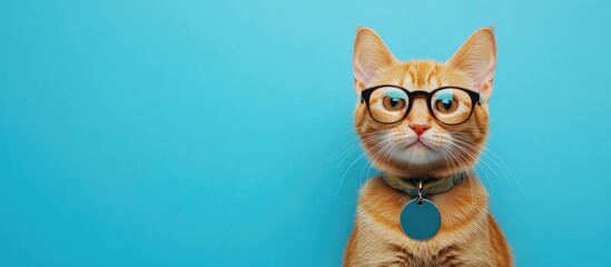 Cat wearing glasses and badge against vibrant blue background with empty space for text or design elements.