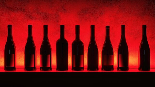 Wine bottles arranged on a shelf illuminated by dramatic red lighting showcasing the ambiance of the wine industry and cellar aesthetics. - Powered by Adobe