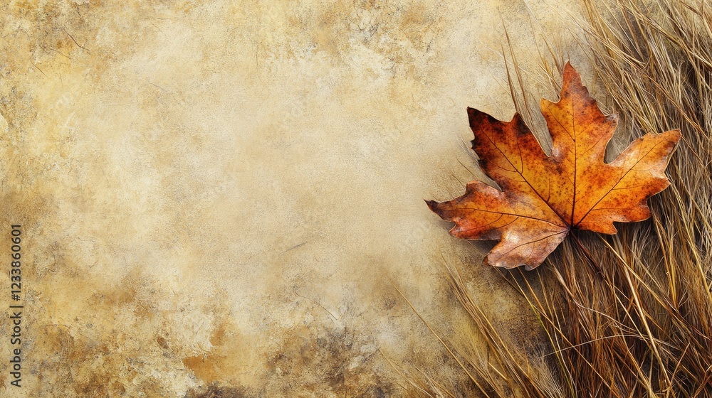 Poster autumn leaf in warm hues resting on dried grass with textured background ideal for seasonal themes a
