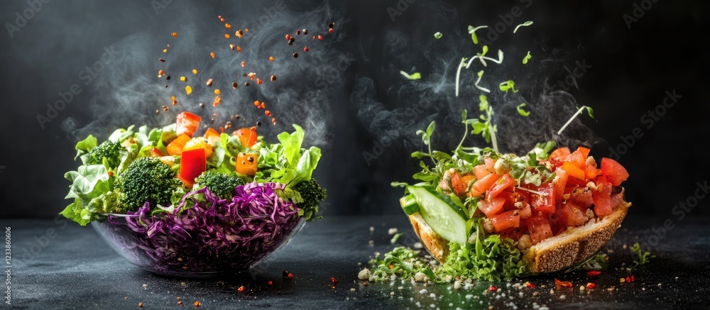 Poster vibrant vegan salad transformation with fresh ingredients and empty space for text display in a styl