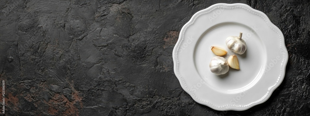 Poster white plate featuring garlic cloves on a dark slate background with ample empty space for text or br