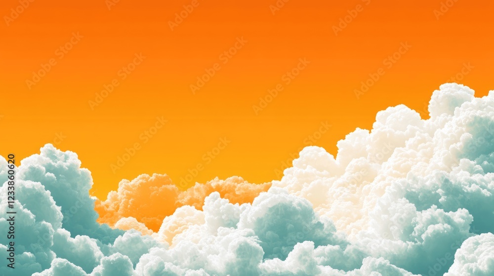 Poster vibrant orange sky with fluffy white clouds creating a serene backdrop and plenty of space for overl
