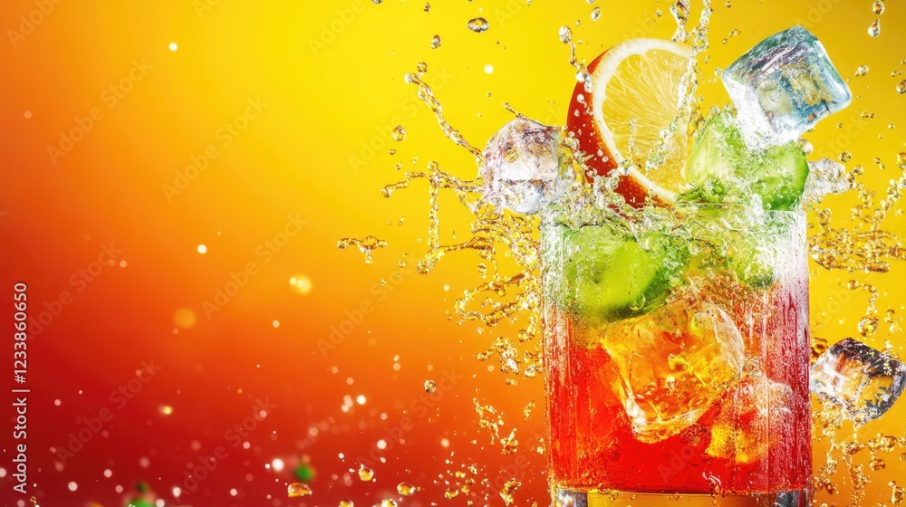 Aufkleber vibrant cocktail splash with colorful fruits and ice cubes against a gradient background ideal for r