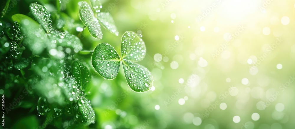 Poster Four leaf clover with dew drops on a soft green background in spring featuring ample copy space for text or graphics