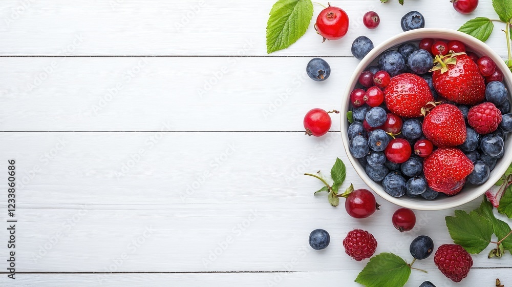 Poster homemade vanilla ice cream in a bowl with fresh berries on a white wooden background summer dessert 