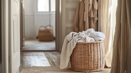 Wicker laundry basket in a bright hallway with soft textiles and natural light creating a cozy atmosphere.