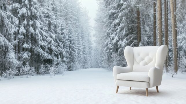 Serene Winter Forest Scene Featuring Snow-Covered Trees and Elegant Armchair with Space for Inspirational Text or Branding