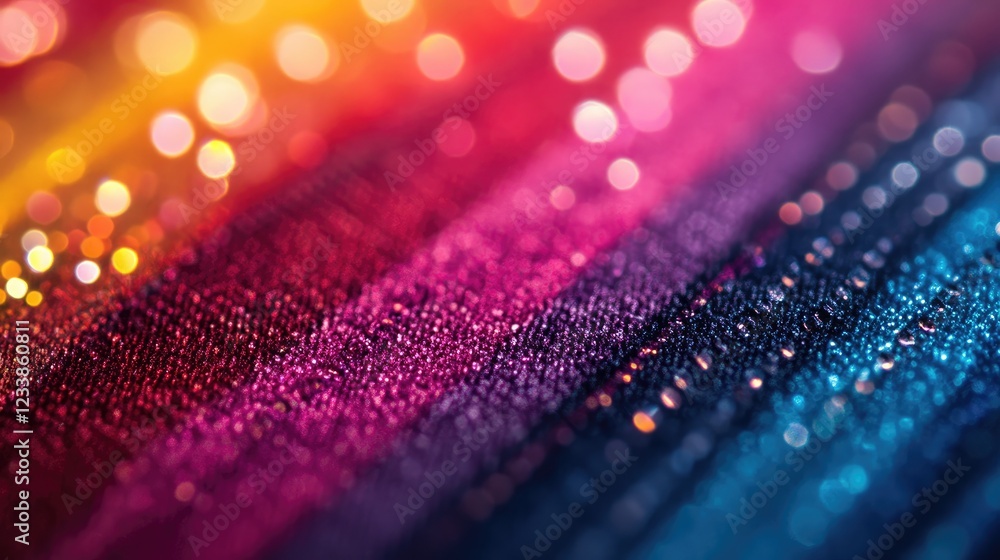 Poster colorful bokeh effect with water droplets on a vibrant striped textile background