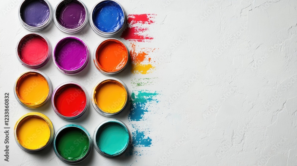 Poster Vibrant Paints in Open Tins with Color Streaks and Empty Space for Text Creation