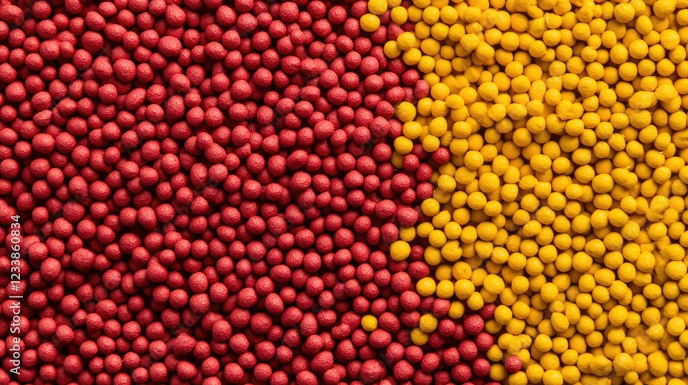 Poster Vibrant Red and Yellow Reptile Pellets Close-Up with Ample Empty Space for Text or Branding Use in Marketing Materials