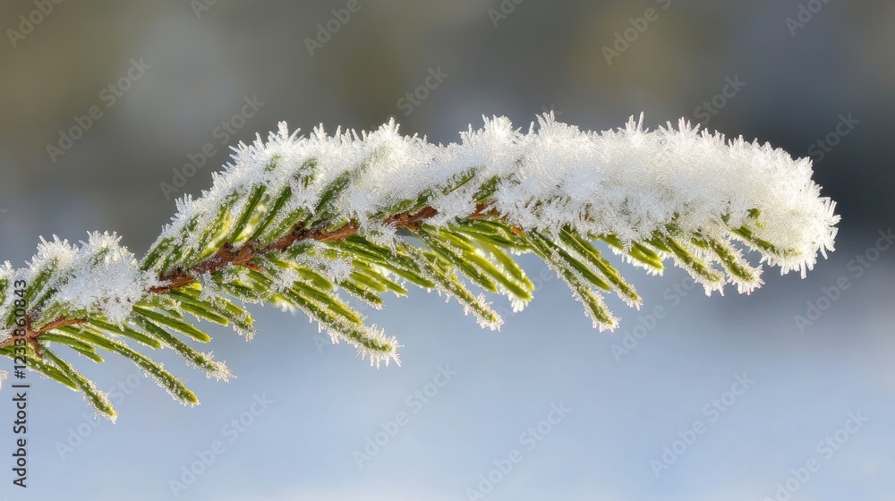 Aufkleber Frosty evergreen branch adorned with ice crystals glistening in sunlight creating a serene winter scene with ample space for text.