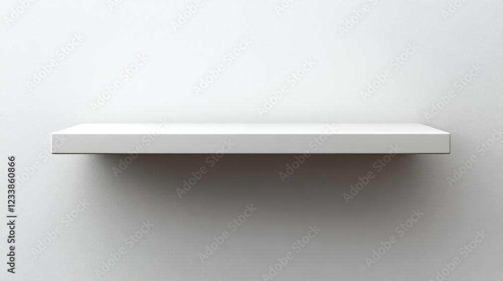 Poster Minimalist white shelf on a white wall providing ample empty space for text or products in a clean, modern interior setup.