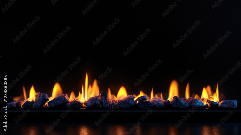 Poster Captivating close-up of flickering flames and glowing embers against a dark background with space for text or branding.
