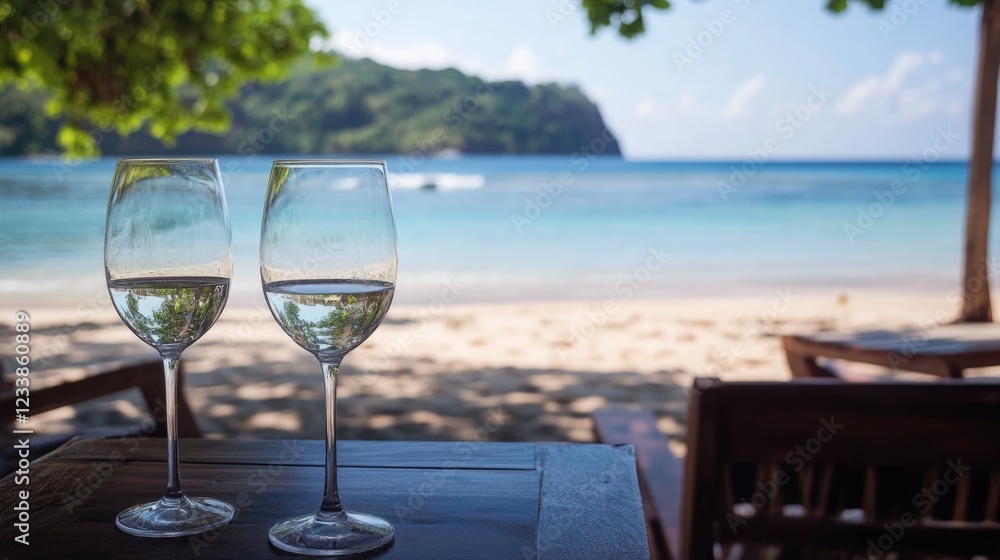 Aufkleber wine glasses on a wooden table at a serene tropical beach with empty space for text and gentle waves
