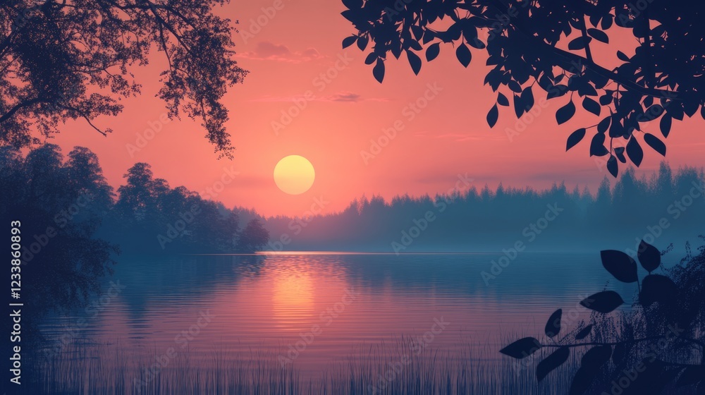Aufkleber serene sunset reflection on calm lake surrounded by woodlands with space for text overlay