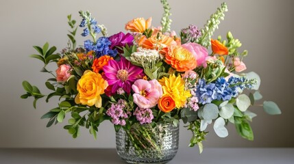 Naklejka premium Colorful Spring Flower Bouquet in Glass Vase Displaying Bright Floral Arrangement and Fresh Greenery