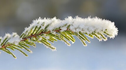 Frosty evergreen branch adorned with ice crystals glistening in sunlight creating a serene winter scene with ample space for text.