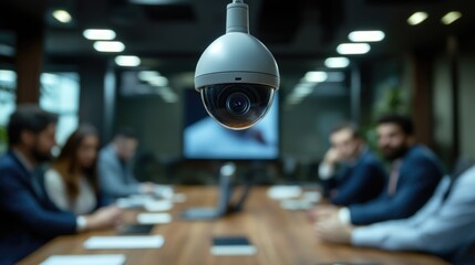 Diverse business team analyzing CCTV footage in a modern conference room emphasizing security and data analysis with copy space for text