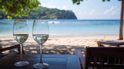 Wine glasses on a wooden table at a serene tropical beach with empty space for text and gentle waves in the background.