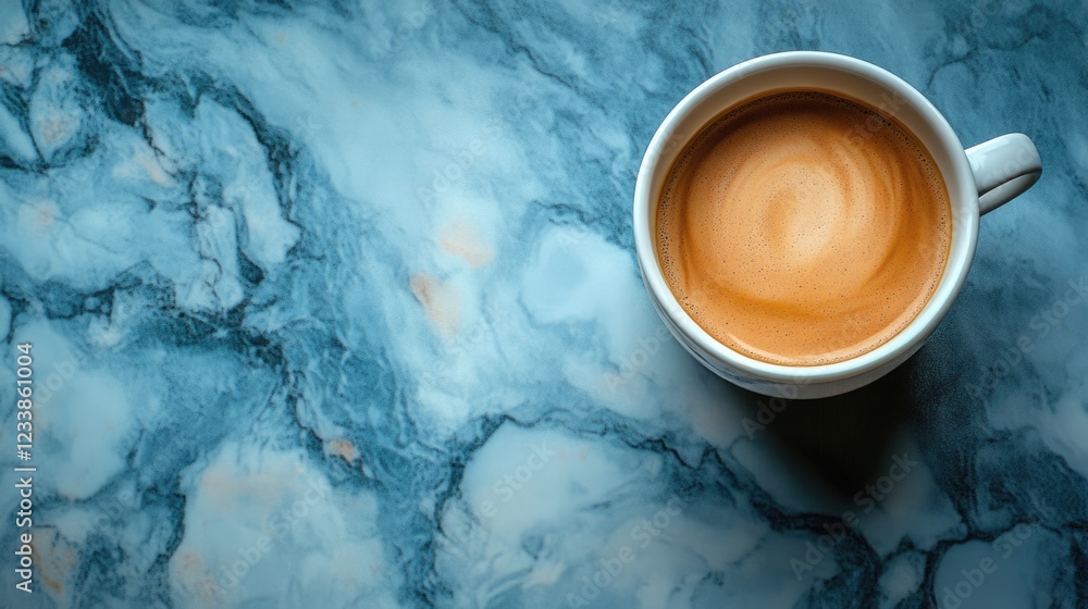 Aufkleber Minimalist top view of a white coffee cup on a blue marble surface with empty space for text or branding applications