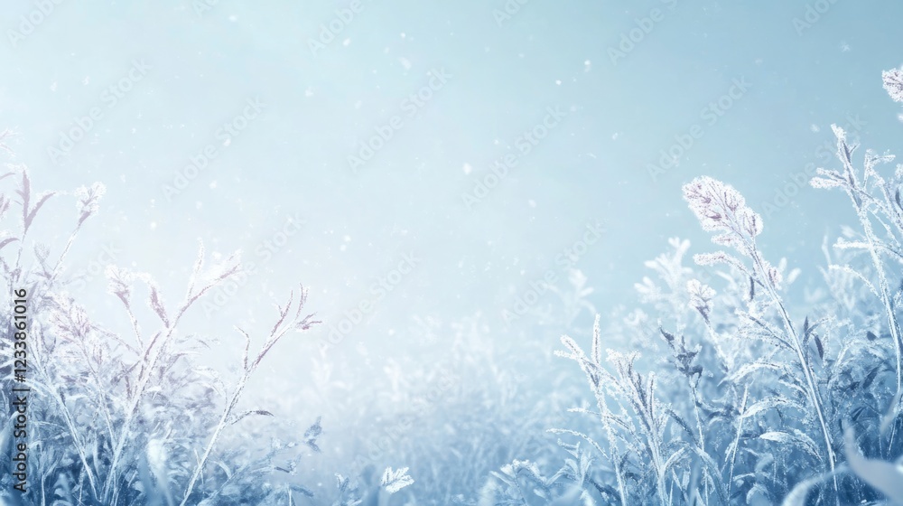 Poster winter frost landscape with soft blue background and empty space for text or graphics