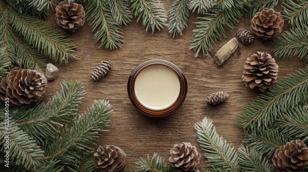 Poster winter skincare flat lay with pine branches and cones featuring empty space for text on a rustic woo