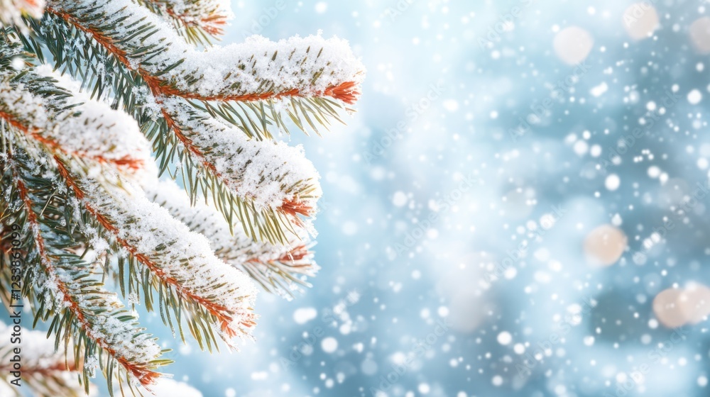 Poster snowy pine branch close-up in winter forest serene landscape with bokeh effect and copy space for se