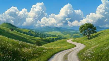 Winding road through green hills, sunny day, scenic landscape, travel poster