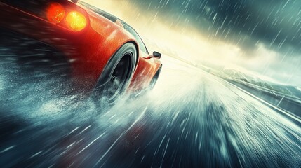 Obraz premium Red Sports Car Speeding Through Rain
