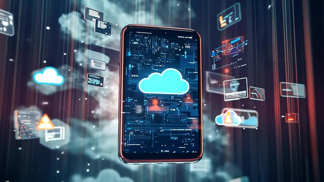 Cloud computing on phone, data visualization, digital background, tech innovation, website banner