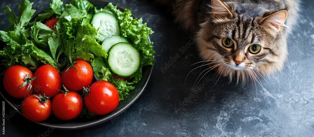 Poster cat looking curious at fresh salad bowl with greens and tomatoes on dark table background with space