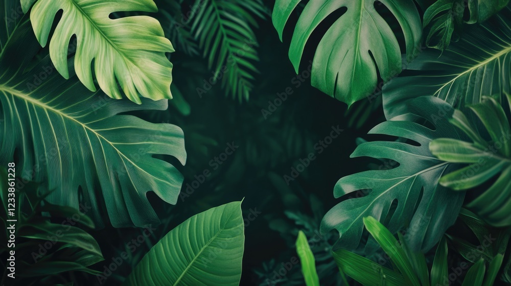 Poster Tropical Leaves Frame with Isometric Monitor Display and Blank Space for Text or Graphics