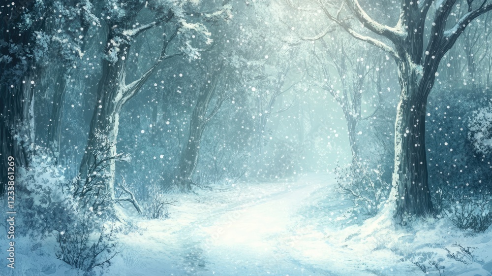 Poster serene winter forest landscape with snowy path and tranquil atmosphere ideal for text overlay and se