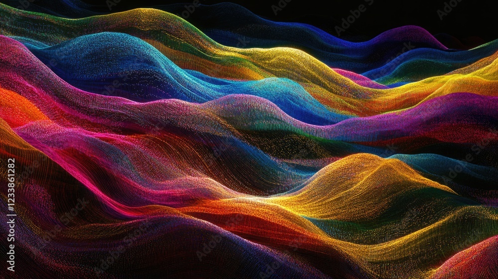 Poster Vibrant Abstract Digital Waves in Colorful Holographic Patterns with Copyspace for Text on a Dark Background