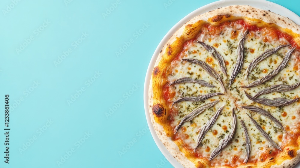 Poster Delicious pizza topped with anchovies on a vibrant blue background with ample empty space for creative text placement