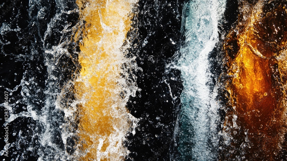 Poster Dynamic water splashes in vibrant colors against a dark background with ample copyspace for text or overlay elements
