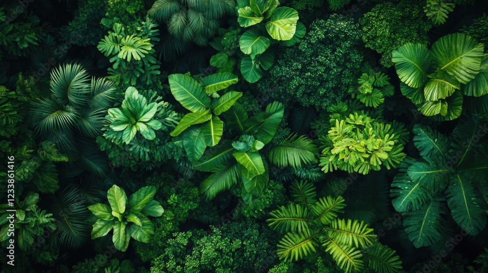 Poster rainforest canopy from above highlighting rich biodiversity and vibrant ecosystem health with ample 