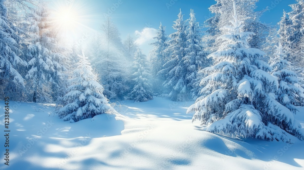 Poster winter forest landscape with sunlight shining through snow-covered trees and open space for text or 