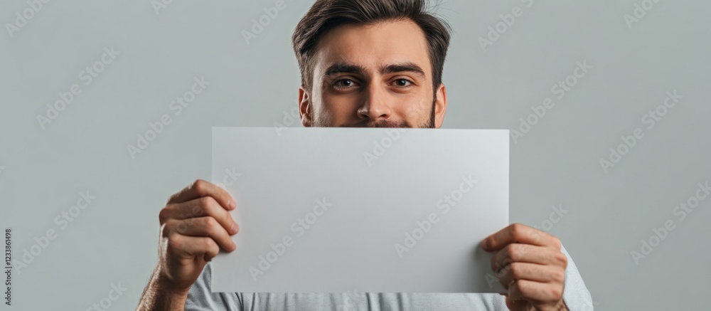 Poster caucasian man presenting a blank sheet of paper on a neutral background for business and advertising