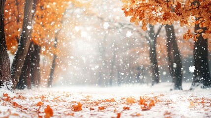 Serene Winter Forest Scene with Snowfall and Autumn Leaves on Ground Ideal for Text Overlay and Nature Themes