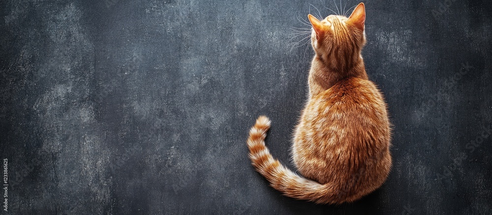 Poster cat grooming its short tail after using the litter box with ample empty space for text on a dark tex