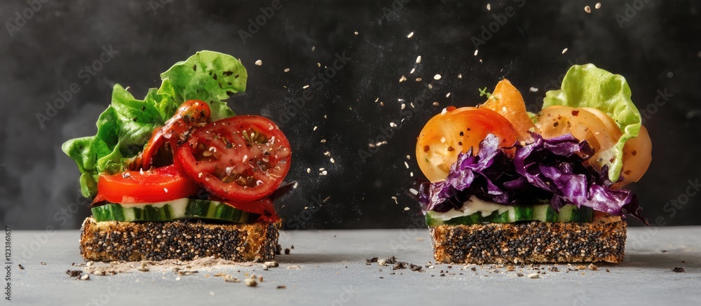 Poster vibrant vegan salad and sandwich transformation with fresh vegetables and room for text display in a