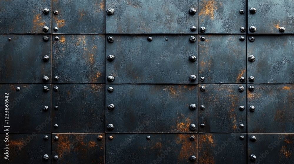 Poster dark industrial concrete wall texture with metal rivets showcasing a grungy background ideal for des