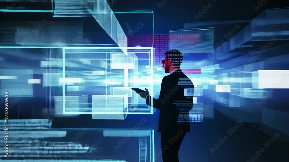 Poster futuristic digital interface person in suit engages with glowing blue and white geometric shapes in 