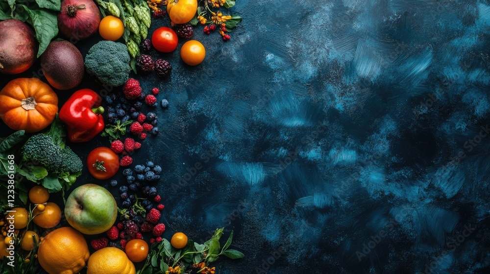 Aufkleber colorful assortment of fresh fruits and vegetables on dark background with space for text or design 