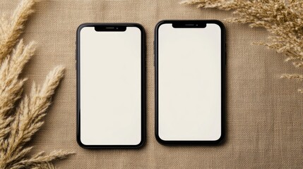 Mockup smartphone and laptop with blank screens for advertising materials on workspace with natural elements and neutral background