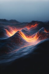 Fototapeta premium A digital art background of glowing blue and orange data streams forming waves, symbolizing the fluidity of information flow across global networks. The dark backdrop adds depth to create an 